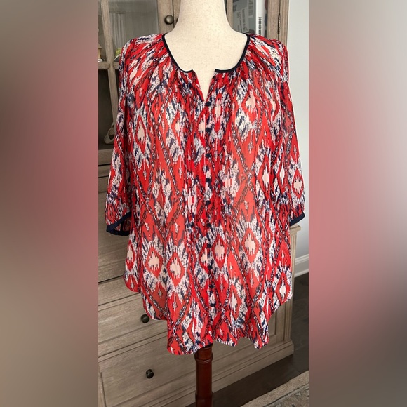 Daniel Rainn red Batik print button front top-2x - Picture 1 of 6